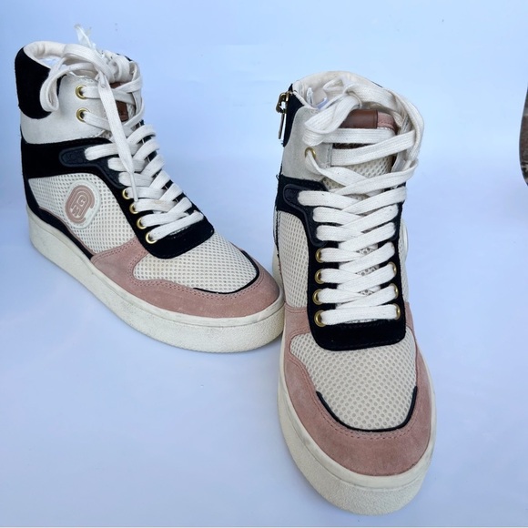 COACH C220 High Top Sneaker Leather Mesh Black White Pink Wedge Women’s 6.5 - Picture 2 of 11